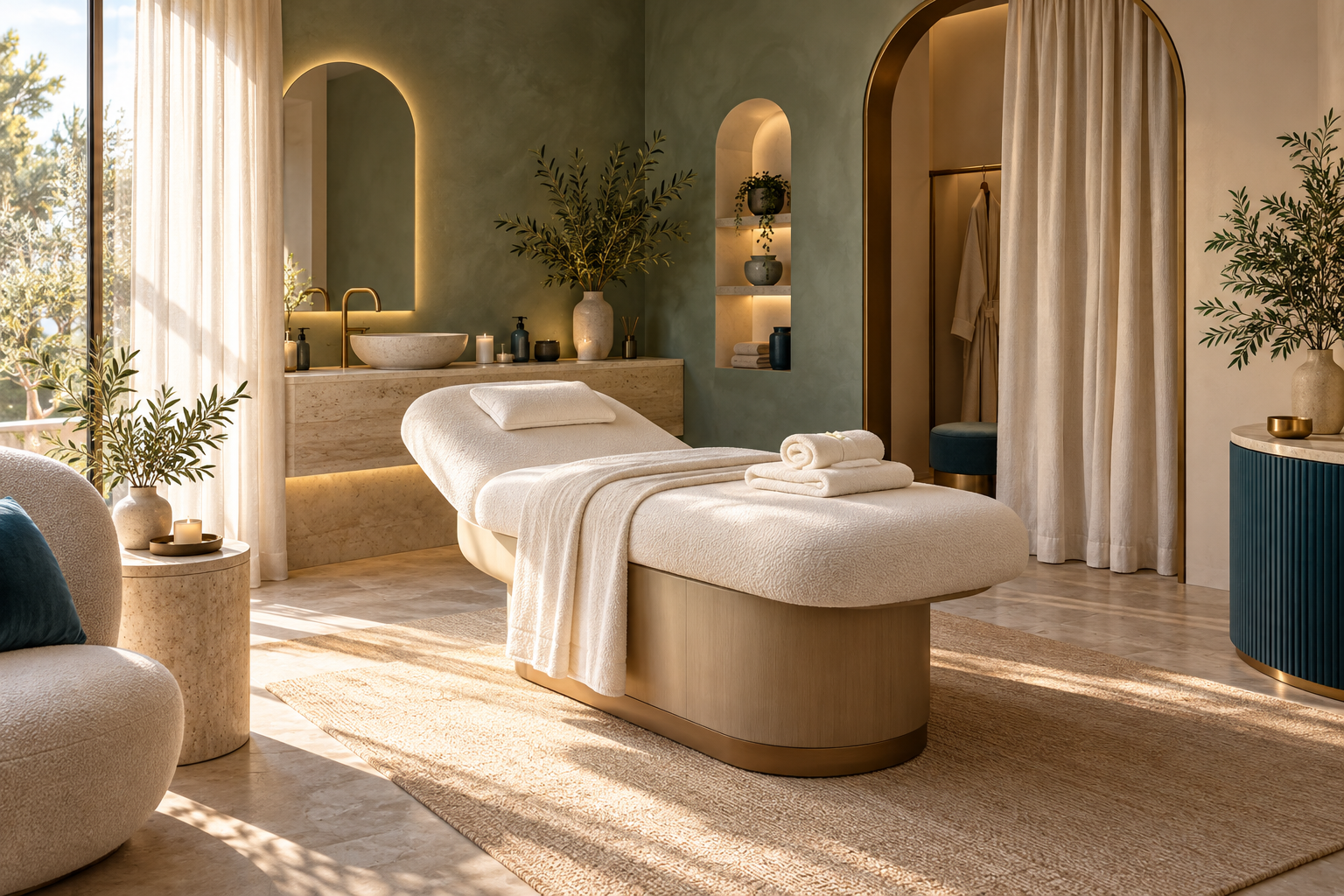 Cabina estetica illustrativa con lettino e ambiente riservato.